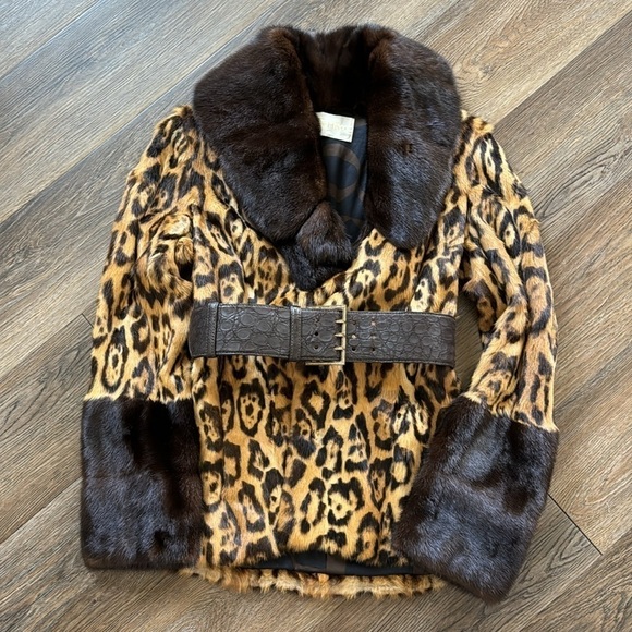 Valentino Runway Vintage Leopard Print Mink Fur Coat with Genuine Alligator Belt - Picture 3 of 11